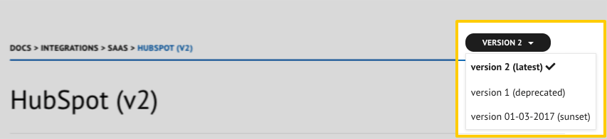 Version menu in the Stitch docs